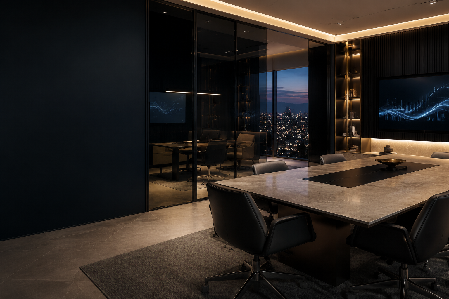 Ambiente corporativo contemporâneo com iluminação discreta, sem pessoas